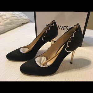 Nine West Black Satin and Gold Rainiza Heels